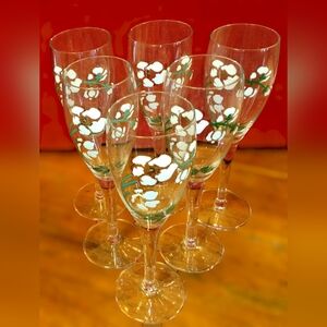 6 Vintage Perrier Jouet Handpainted Belle Epoque Cherry Blossom Champagne Flutes